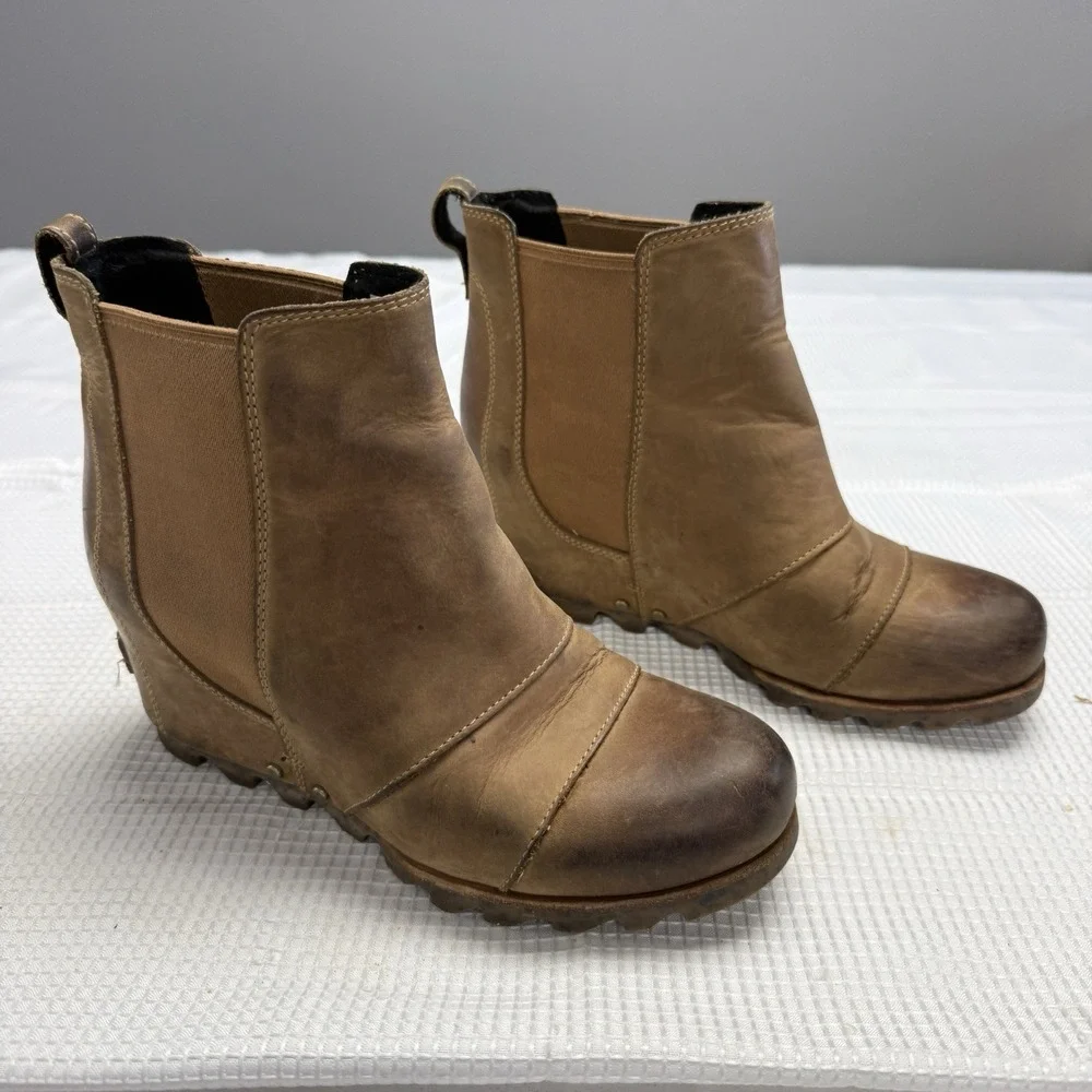 Sorel‎ Womens 8 Ankle Boot Lea Joan Of Arctic Wedge II Tan Leather Heel Shoes